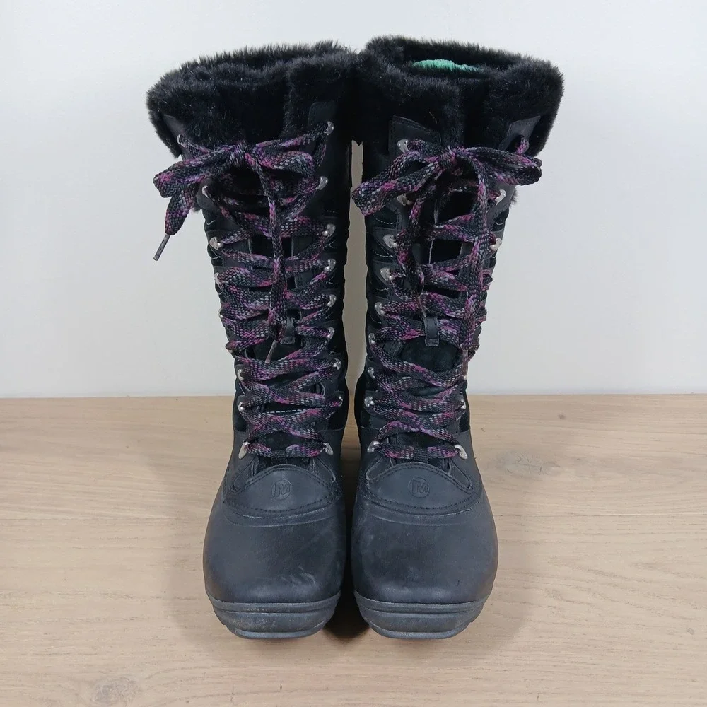 Merrell Winterbelle Peak Boots Women 9 Black Waterproof Fur Lace Up Hiking